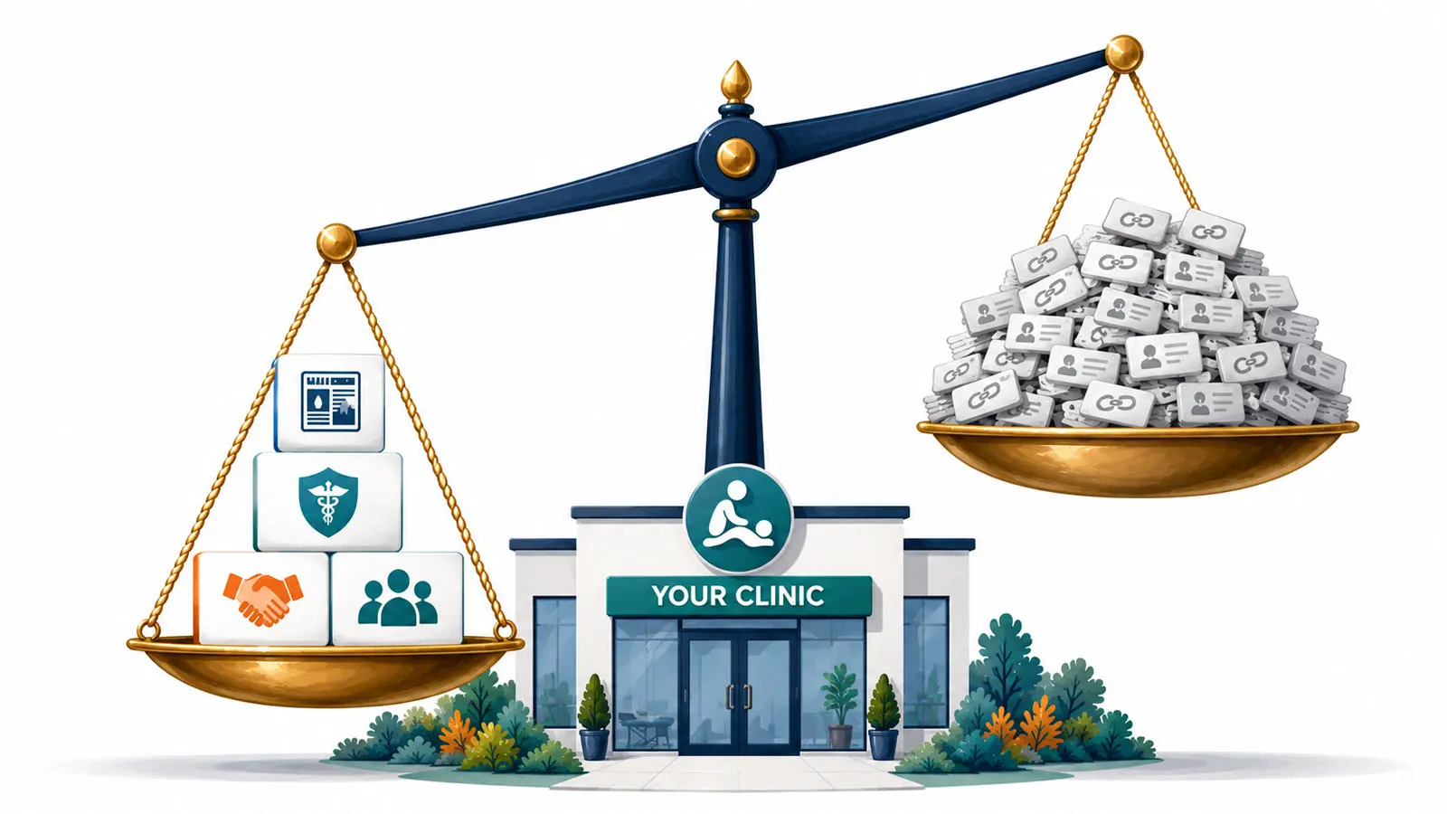 Illustration of a balance scale showing a few trusted backlinks outweighing a large pile of low-quality links above a clinic, representing how quality backlinks build ranking authority.